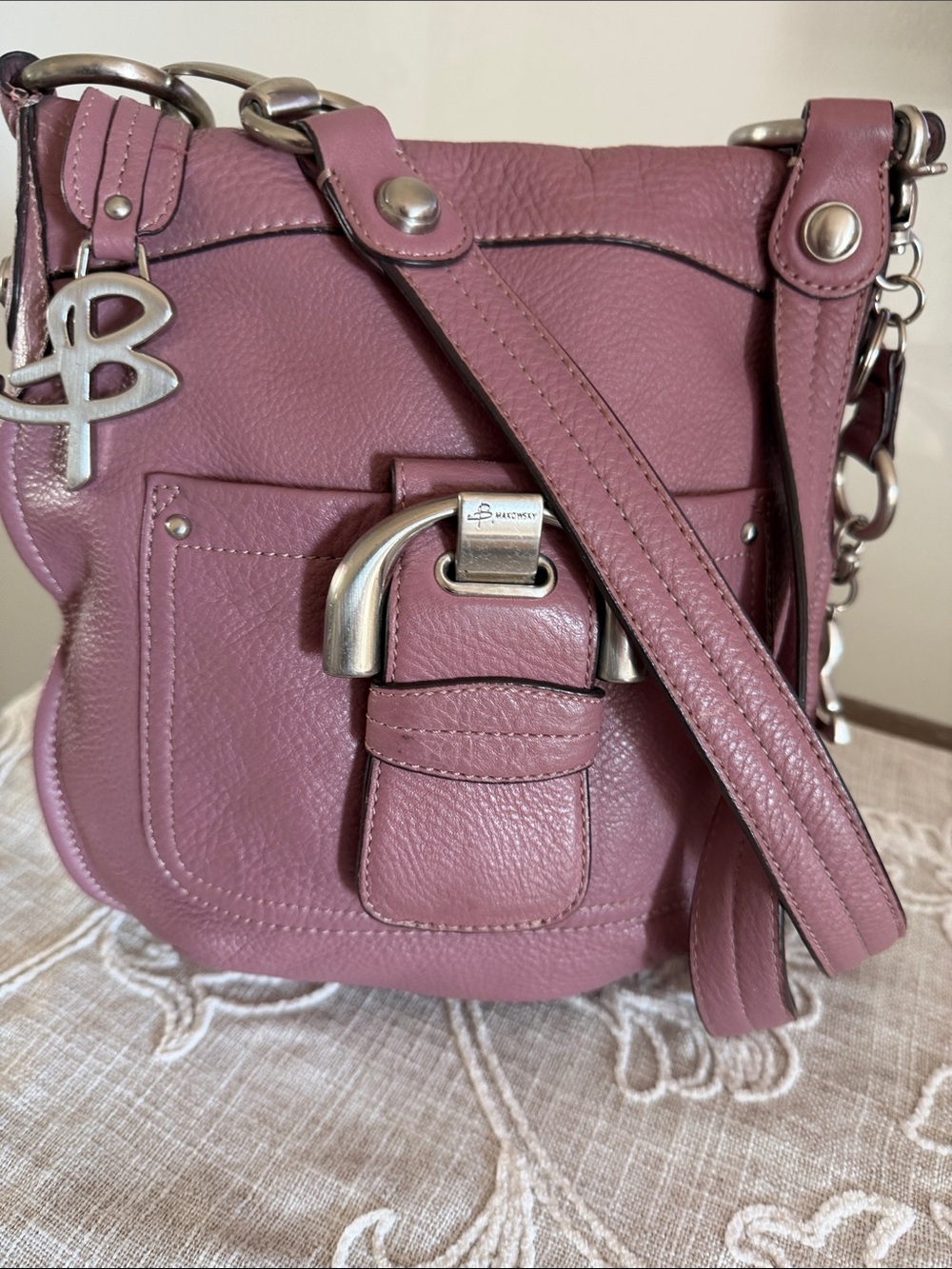 B Makowsky Dusty Rose Leather Crossbody Bag with Keyring Charm